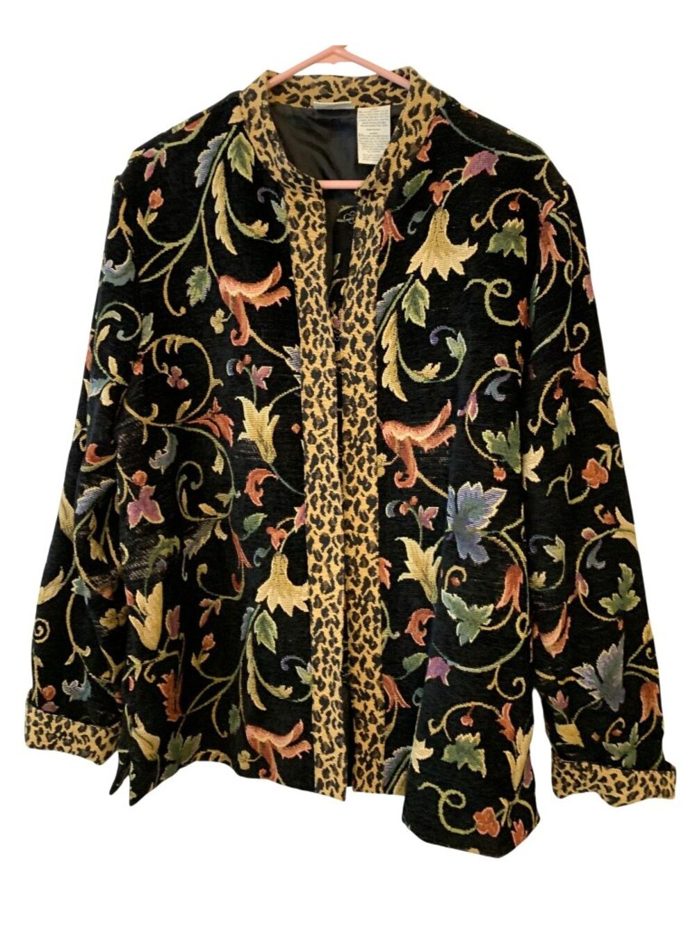 Vtg White Stag XL Tapestry Floral Jacket Leopard Trim Cottagecore Boho Artwear